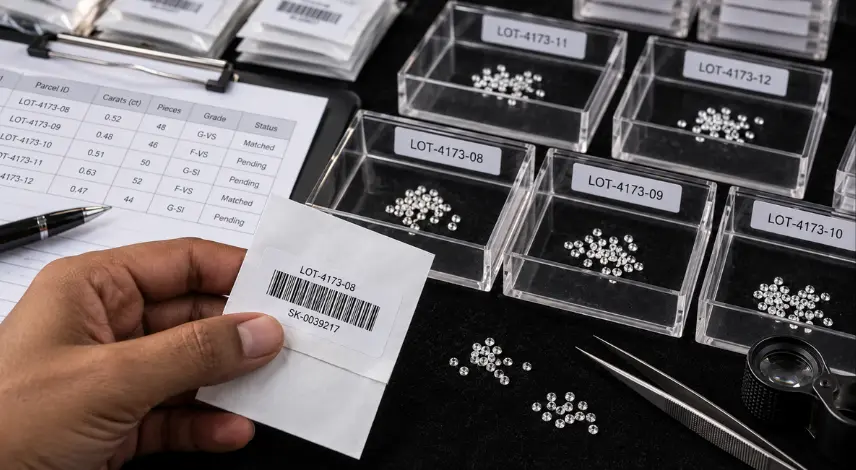 Diamond certification IGI vs GIA wholesale parcel verification with labeled diamond trays, barcodes, and inventory records.
