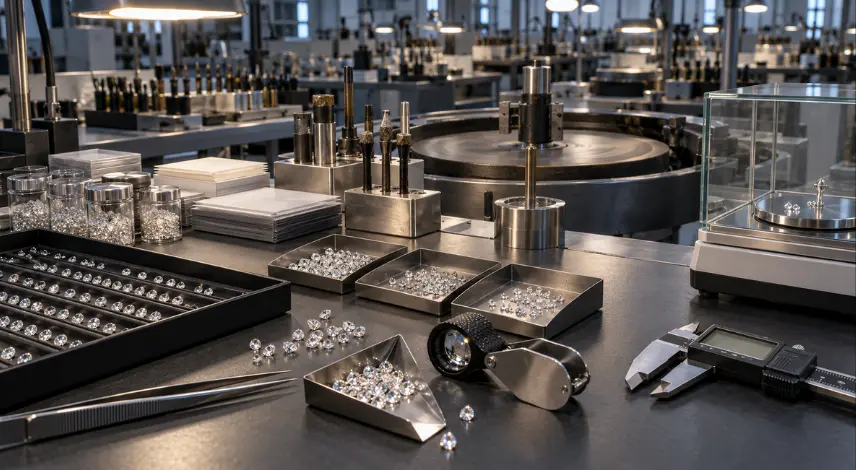 Diamond manufacturer verification through real sorting, polishing, and quality-control equipment