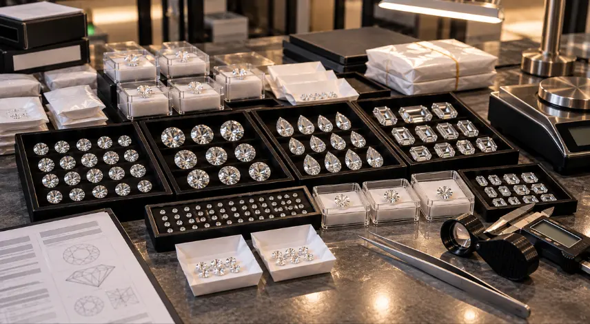 Different lab-grown diamond SKUs organized by size and shape for wholesale market analysis.