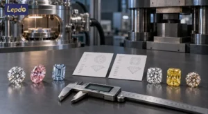 HPHT vs CVD diamonds displayed in colorless, pink, blue, yellow and champagne shades beside laboratory growth equipment for wholesale procurement comparison