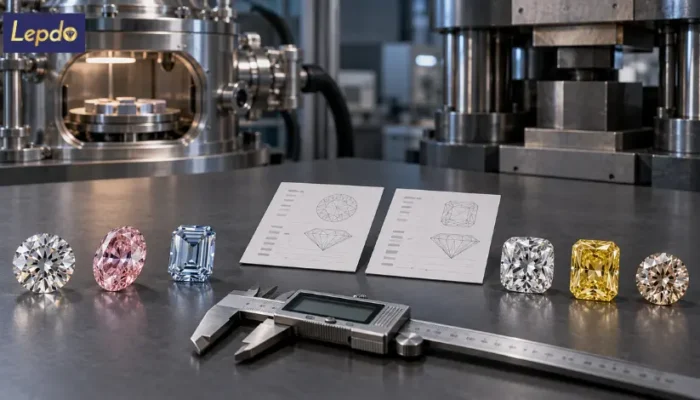 HPHT vs CVD diamonds displayed in colorless, pink, blue, yellow and champagne shades beside laboratory growth equipment for wholesale procurement comparison