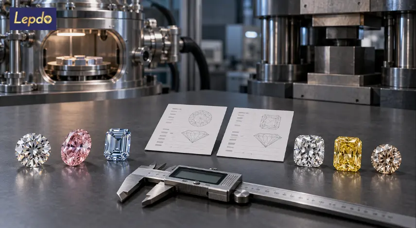 HPHT vs CVD diamonds displayed in colorless, pink, blue, yellow and champagne shades beside laboratory growth equipment for wholesale procurement comparison