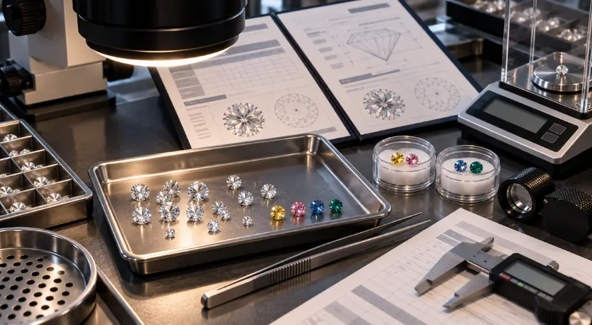 Incoming wholesale parcel of lab-grown diamonds checked against reports, measurements, and QC records