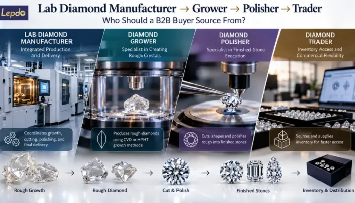 Lab diamond manufacturer supply chain showing diamond growth equipment, precision polishing, rough diamonds, and finished diamond inventory.