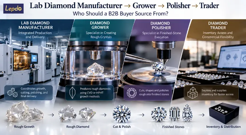 Lab diamond manufacturer supply chain showing diamond growth equipment, precision polishing, rough diamonds, and finished diamond inventory.