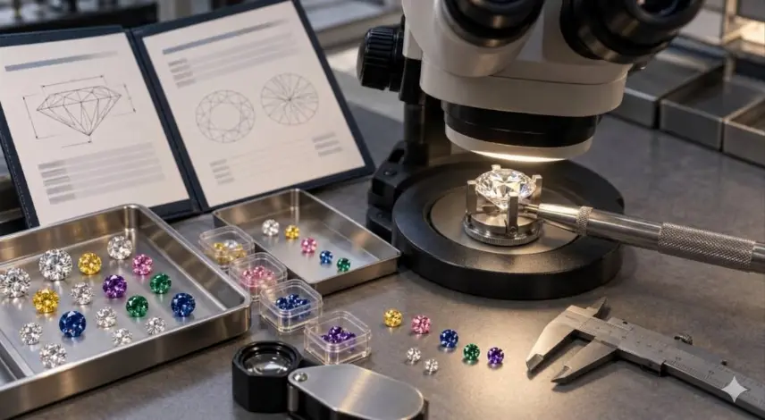 Lab-grown diamond checked under a microscope against a grading report for stone identity verification
