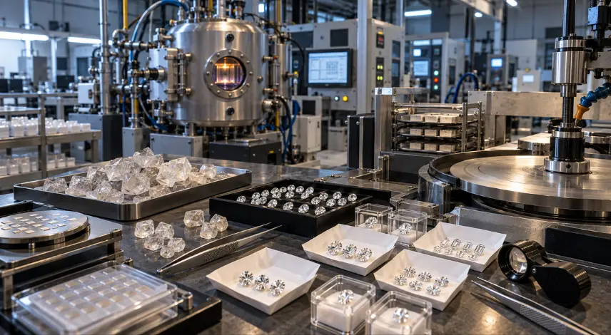 Lab-grown diamond manufacturing workflow showing production efficiency and polished replacement inventory.