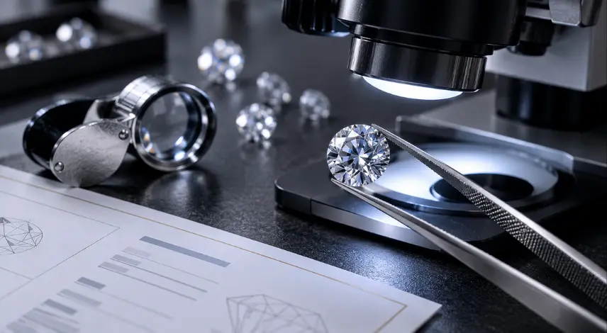 Lab grown diamond supplier quality inspection showing a round brilliant diamond held in precision tweezers under a gemological microscope with grading report verification documents