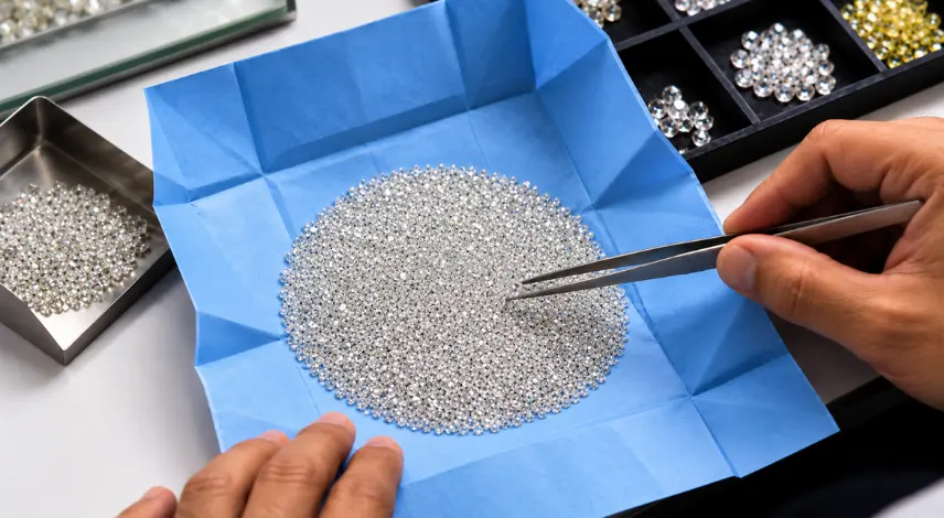 Lab grown diamond supplier quality inspection showing tiny loose diamonds sorted on blue diamond paper using precision tweezers at a professional sorting workstation