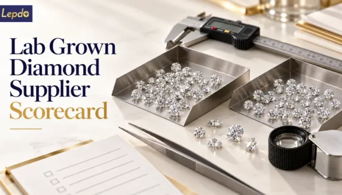 Lab grown diamond supplier scorecard featuring loose diamonds in sorting trays, digital caliper, jeweler’s loupe, and quality control checklist.