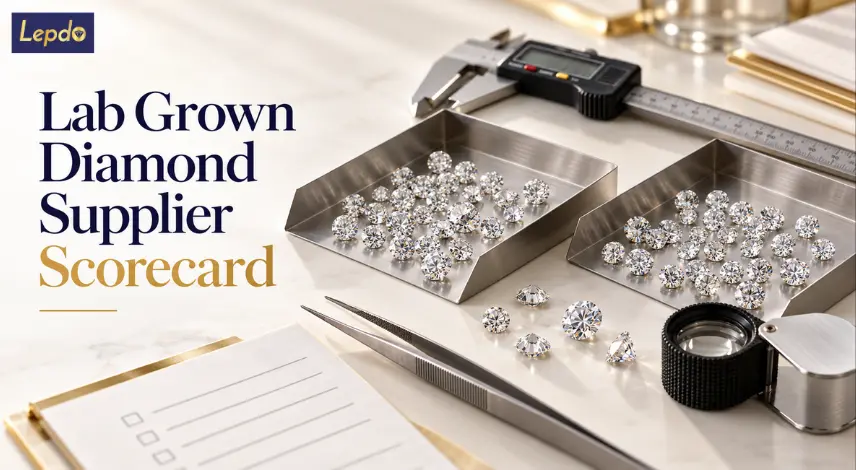 Lab grown diamond supplier scorecard featuring loose diamonds in sorting trays, digital caliper, jeweler’s loupe, and quality control checklist. Lab grown diamond supplier scorecard featuring loose diamonds in sorting trays, digital caliper, jeweler’s loupe, and quality control checklist.