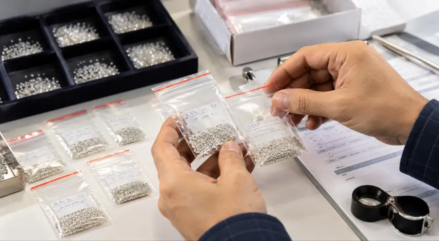 Lab grown diamond supplier shipment verification showing tiny loose diamonds in sealed parcel bags being checked for order accuracy, quantity, and quality control
