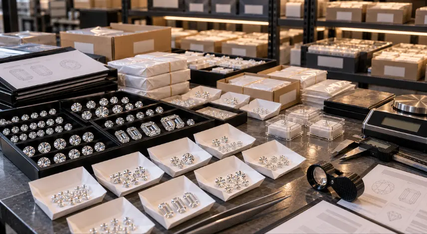 Lab grown diamond wholesale inventory arranged by aging stage for procurement risk control.