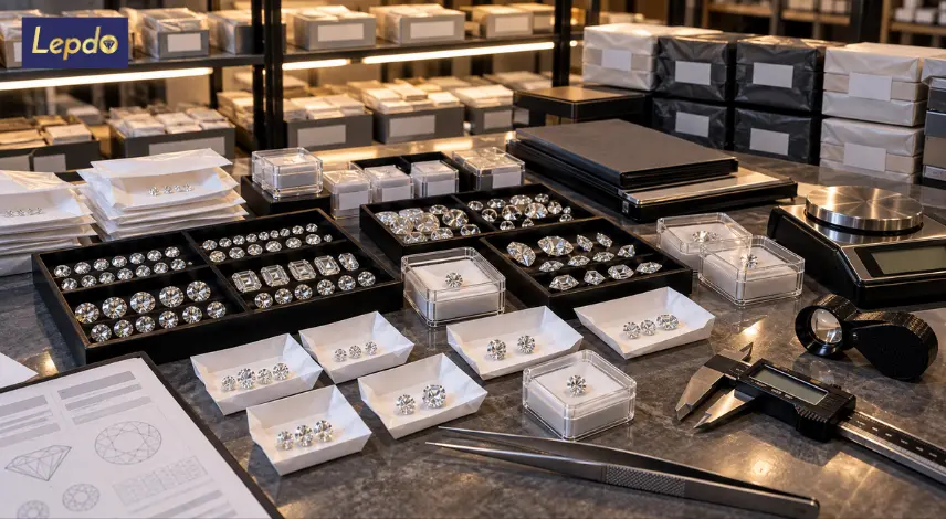 Lab grown diamond wholesale inventory showing fresh replenishment and aging stock under professional B2B inspection Lab grown diamond wholesale inventory showing fresh replenishment and aging stock under professional B2B inspection.
