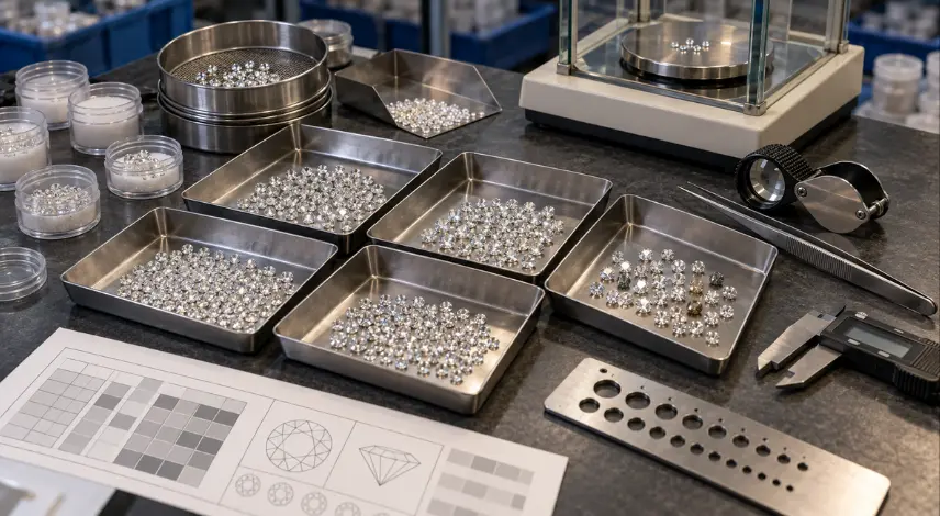 Loose diamonds wholesale parcel being checked for size, clarity, color, and matching consistency