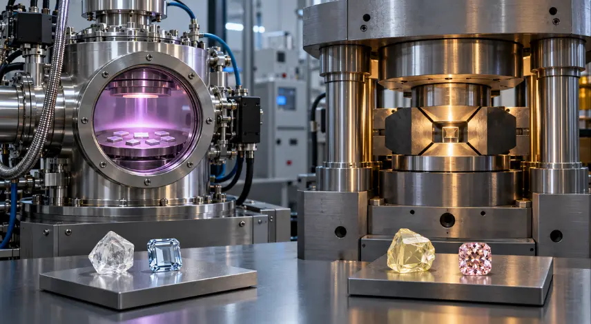Photorealistic comparison of HPHT vs CVD diamonds manufacturing equipment, showing a CVD plasma reactor, HPHT industrial press and colorful lab-grown diamond samples