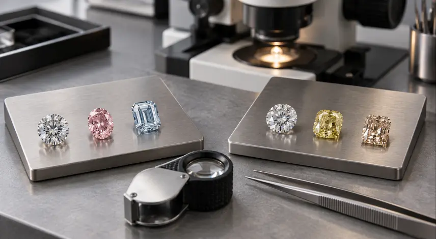 Professional color and clarity inspection of HPHT vs CVD diamonds featuring colorless, pink, blue, yellow and champagne lab-grown diamonds on separate sorting pads
